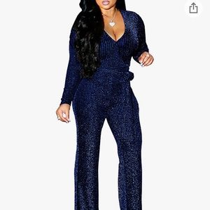 Plus size blue sparkling v neck jumpsuit